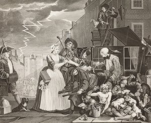 A Rake? S Progress, Plate 4: The Rake Arrested, Going to Court / Der Weg eines Liederlichen, Blatt 4: Tom Rakewell zatčen a zachráněn. 1735 od William Hogarth