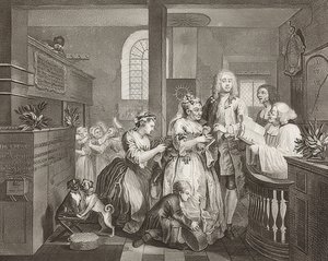 A Rake? S Progress, Plate 5: The Rake Marrying an Old Woman / The Path of a Dissolute, List 5: Tom Rakewell si bere bohatou starou ženu). 1735 od William Hogarth