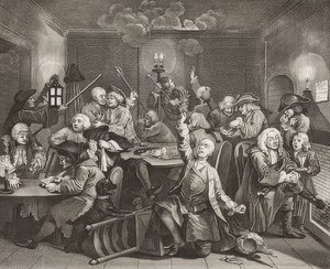 A Rake? S Progress, Plate 6: The Rake at a Gaming House / Der Weg eines Liederlichen, Blatt 6: Tom Rakewell v herně. 1735 od William Hogarth