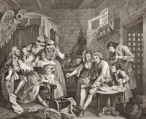 A Rake? S Progress, Plate 7: The Rake in Prison / The Path of a Verbosom, List 7: Tom Rakewell ve vězení. 1735 od William Hogarth