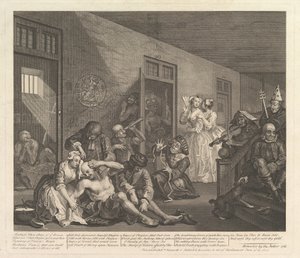 A Rakes Progress, Plate 8, [25. června 1735] znovu vydáno v roce 1763. od William Hogarth