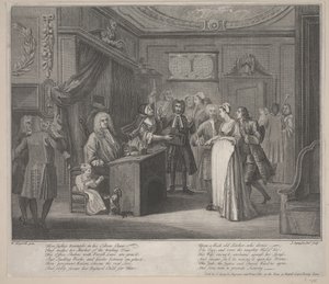 Žena přísahající dítě hrobovému občanovi, kolem 1730-35 (lept) od William Hogarth