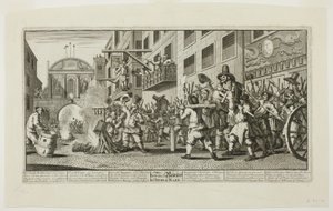 Pálení rumplů v Temple Baru, jedenáctá deska z knihy Hudibras od William Hogarth