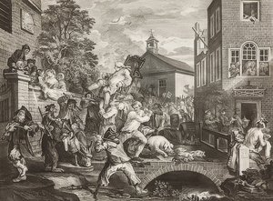 Čtyři tisky voleb / Všeobecné volby. List 4: Předsednictví poslanců / Triumfální průvod poslanců. 1758 od William Hogarth