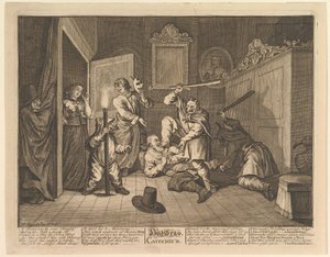 Hudibras katechizoval dvanáct velkých ilustrací pro Samuela Butlerse Hudibras, deska 9, 1725-68. od William Hogarth