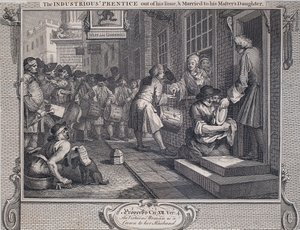 Průmysl a zahálka: Průmyslný "Prentice Married" (liniová rytina na papíře) od William Hogarth