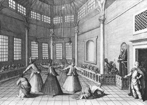 Uvnitř turecké mešity, ilustrace z knihy Aubry de la Mottraye „Cesty přes Evropu, Asii a do části Afriky“, vydané 1723 od William Hogarth