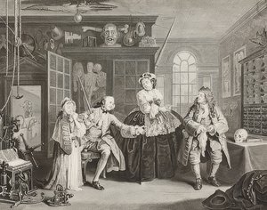 Manželství à la Mode / manželství podle módy. List 3: Inspekce / Hrabě a šarlatán. 1745 od William Hogarth