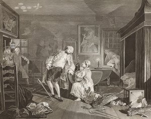Manželství à la Mode / manželství podle módy. List 5: Bagnio / Hrabě padne v souboji. 1745 od William Hogarth