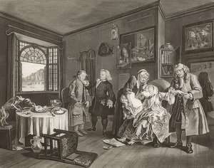 Marriage à la Mode / Manželství podle módy. List 6: Smrt dámy / Der Selbstmord der Gräfin. 1745 od William Hogarth