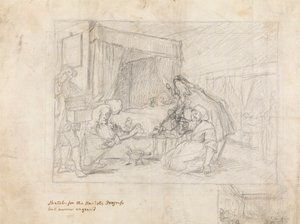 Provozní scéna v nemocnici s dceřinými náčrtky na okraji vpravo doleva od William Hogarth