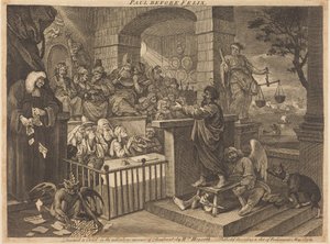 Pavel před Felixem v burleskním podání od William Hogarth