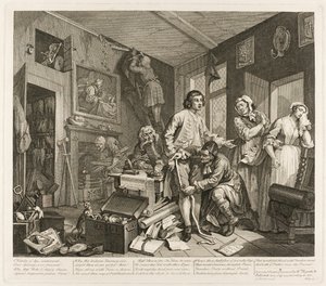 První deska z knihy Pokrok hráběte od William Hogarth