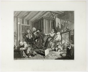Pátý talíř z knihy Pokrok nevěstky od William Hogarth