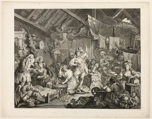 Chodící herečky oblékající se ve stodole od William Hogarth