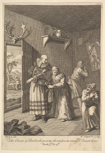 Kurát a holič se převlékají, aby zprostředkovali Don Quijote Home Six I..., 1756 nebo později. od William Hogarth