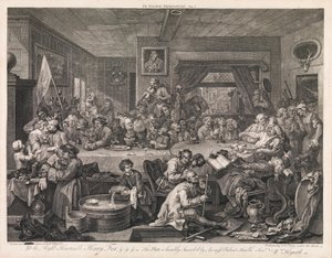 Volby, tabule 1: „Volební hostina“ od William Hogarth