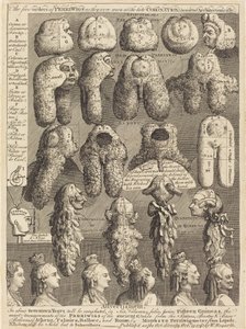 Pět řádů perriwigů, jak byly nošeny při pozdní korunovaci, měřeno architektonicky od William Hogarth