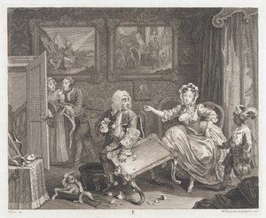 Nevěstka najde ochránce, navržený 1732, tištěno 1744 (Let a rytina) od William Hogarth