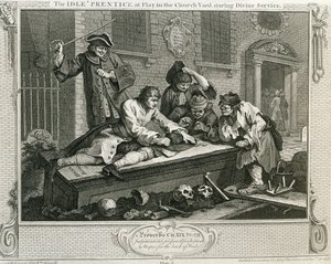 Nečinný „Prentice ve hře na dvoře kostela během bohoslužby“, deska III „Průmysl a zahálka“, vydaná v roce 1833 od William Hogarth