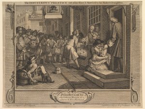 Pilný učeň dokončil učení a oženil se s dcerou svého mistra: Píle a zahálka, tabule 6 od William Hogarth
