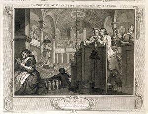 Pracovitý „Prentice vykonávající povinnost křesťana“, deska II „Průmysl a nečinnost“, vydaná v roce 1833 od William Hogarth