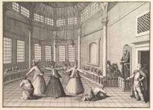 Uvnitř mešity tančí derviši Aubry de La Mottrayes cestuje po..., 1723-24. od William Hogarth