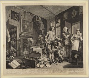 Mladý dědic se ujímá majetku, tabule 1 z cyklu Kariéra zhýralce od William Hogarth