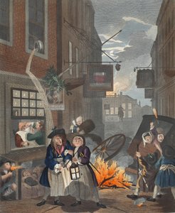 Denní doba, Noc, ilustrace z knihy "Hogarth Restored: Hogartha, přebásněné Thomasem Cookem", vyd. 1812 (ručně kolorovaná rytina) od William Hogarth