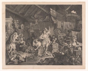 Oblečené herečky a děti ve stodole Chodící herečky oblékající se ve stodole od William Hogarth