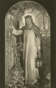 Světlo světa, obraz na Keble College, Oxford, Oxfordshire, zobrazující Krista, jak nese lucernu a klepe na dveře (černobílá fotografie) od William Holman (after) Hunt