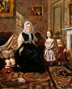 Skupinový portrét tchyně Henryho Clarka, paní Daviesové, a čtyř jeho dětí v přijímacím pokoji jeho domova, 186 High Street, Homerton, kolem roku 1846