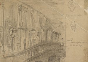 Recto: Studie of London Bridge pro „Londýnský most v noci sňatku prince a princezny z Walesu“, 1863 (grafit na lesklém papíře) od William Holman Hunt