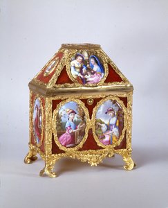 Rakev George III obsahující krajní hodinky na způsob Jamese Coxe, kolem roku 1770 (pozlacený kov, smalt a verre-eglomise) (viz také 741846) od William Hopkins Craft