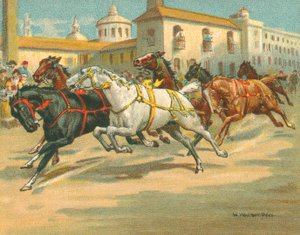 Historické a moderní dostihy bez jezdců v Itálii (chromolitho)
