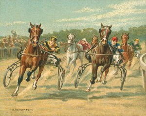 Historické a moderní dostihy, klusácké a krokové dostihy (chromolitho)