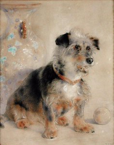 Teriér sedící před vázou Canton Famille Rose od William Huggins