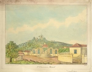 Hora svatého Tomáše v Madrasu, kolem roku 1830 (barevná rytina) od William Hunsley