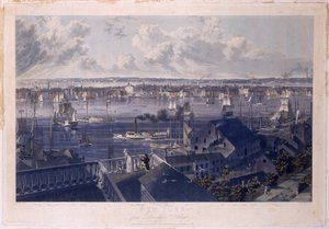 New York z Brooklyn Heights, 1837 (ručně kolorovaný lept a akvatinta)