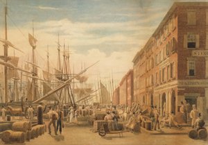 Pohled na South Street, z Maiden Lane, New York City, ca. 1827.