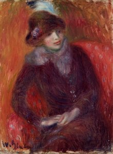 Sedící žena s kožešinovým nákrčníkem a červeným pozadím od William James Glackens