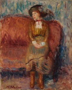 Žena sedící na červené pohovce od William James Glackens