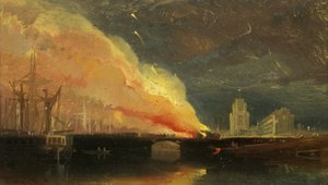 Bristol Riots: Spálení mýtných domů na Prince Street Bridge se St Mary Redcliffe od William James Muller