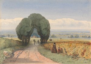 Gloucestershire - žena a dítě na silnici lemující pole zralé kukuřice v Moreton-in-Marsh od William John Chamberlayne