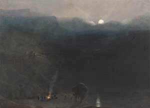 Mauricius – Měsíční svit, s ohněm uhlířů v soutěsce Black River od William John Chamberlayne