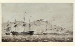 Lodě HMS "Wellesley", "Columbine" a "Grisel" u Amoy (Čína) v roce 1841. Lavis
