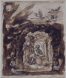 Alexander Pope ve své jeskyni (pero a inkoust s mytím na papíře)