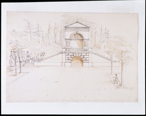Chiswick, design pro štítovou kaskádu kombinovanou se silničním mostem na konci kanálu (pero a inkoust a mytí na papíře) od William Kent