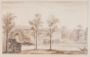 Chiswick, design pro rustikální kaskádu a most na terase (pero a inkoust a pero tužkou na papíře) od William Kent