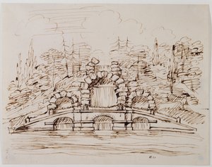 Chiswick, design pro kaskádu tak, jak byla postavena (pero a inkoust přes tužku na papíře)